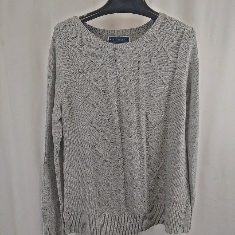 Karen Scott - DIAMOND CENTER CABLE-KNIT SWEATER, GREY, SMALL